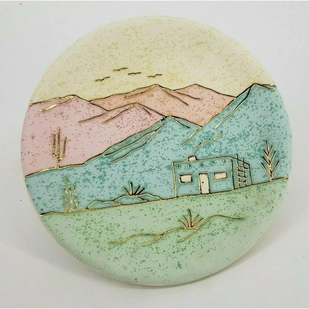 Home Decor Wall‎ Plate Cactus Adobe Mountain Desert Scene Clay Southwestern